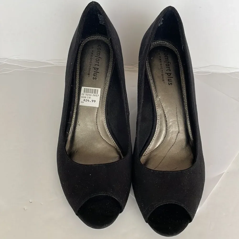 ‎BLACK SUEDE PEEP TOE WEDGE, Sz 10